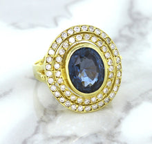 Load image into Gallery viewer, 4.23ct Oval Blue Spinel Ring with Double Diamond Halo in 14K Yellow Gold