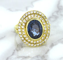 Load image into Gallery viewer, 4.23ct Oval Blue Spinel Ring with Double Diamond Halo in 14K Yellow Gold