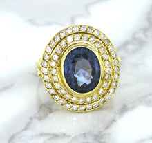 Load image into Gallery viewer, 4.23ct Oval Blue Spinel Ring with Double Diamond Halo in 14K Yellow Gold