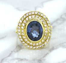 Load image into Gallery viewer, 4.23ct Oval Blue Spinel Ring with Double Diamond Halo in 14K Yellow Gold