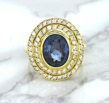 Load image into Gallery viewer, 4.23ct Oval Blue Spinel Ring with Double Diamond Halo in 14K Yellow Gold