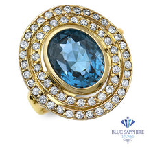 Load image into Gallery viewer, 4.23ct Oval Blue Spinel Ring with Double Diamond Halo in 14K Yellow Gold