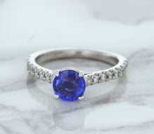 Load image into Gallery viewer, 1.01ct Round Blue Sapphire Ring with Diamond Accents in 14K White Gold