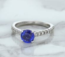 Load image into Gallery viewer, 1.01ct Round Blue Sapphire Ring with Diamond Accents in 14K White Gold