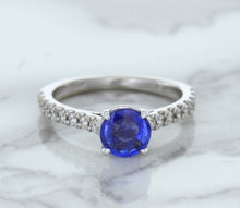 Load image into Gallery viewer, 1.01ct Round Blue Sapphire Ring with Diamond Accents in 14K White Gold