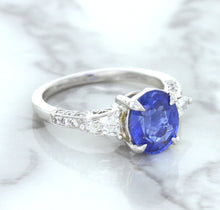 Load image into Gallery viewer, 2.88ct Oval Blue Sapphire Ring with Diamond Accents in 18K White Gold