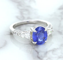 Load image into Gallery viewer, 2.88ct Oval Blue Sapphire Ring with Diamond Accents in 18K White Gold