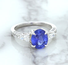Load image into Gallery viewer, 2.88ct Oval Blue Sapphire Ring with Diamond Accents in 18K White Gold