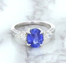Load image into Gallery viewer, 2.88ct Oval Blue Sapphire Ring with Diamond Accents in 18K White Gold