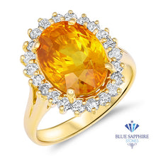 Load image into Gallery viewer, 6.61ct Oval Orange Sapphire Ring with Diamond Halo in 14K Yellow Gold
