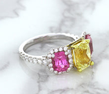 Load image into Gallery viewer, Multicolor Sapphire Ring with Diamond Accents in 18K White Gold