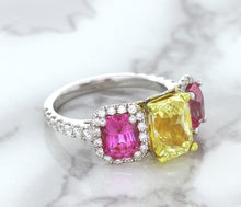 Load image into Gallery viewer, Multicolor Sapphire Ring with Diamond Accents in 18K White Gold