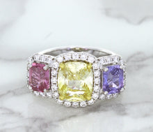 Load image into Gallery viewer, Multicolor Sapphire Ring with Diamond Halo in 18K White Gold
