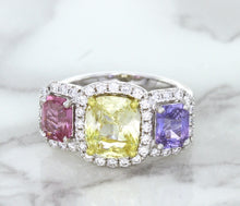 Load image into Gallery viewer, Multicolor Sapphire Ring with Diamond Halo in 18K White Gold
