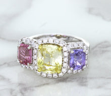 Load image into Gallery viewer, Multicolor Sapphire Ring with Diamond Halo in 18K White Gold