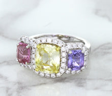 Load image into Gallery viewer, Multicolor Sapphire Ring with Diamond Halo in 18K White Gold