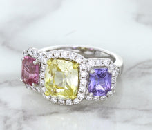 Load image into Gallery viewer, Multicolor Sapphire Ring with Diamond Halo in 18K White Gold