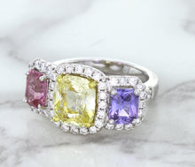 Load image into Gallery viewer, Multicolor Sapphire Ring with Diamond Halo in 18K White Gold