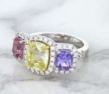 Load image into Gallery viewer, Multicolor Sapphire Ring with Diamond Halo in 18K White Gold