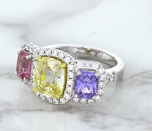 Load image into Gallery viewer, Multicolor Sapphire Ring with Diamond Halo in 18K White Gold