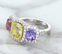 Load image into Gallery viewer, Multicolor Sapphire Ring with Diamond Halo in 18K White Gold