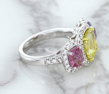 Load image into Gallery viewer, Multicolor Sapphire Ring with Diamond Halo in 18K White Gold
