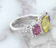 Load image into Gallery viewer, Multicolor Sapphire Ring with Diamond Halo in 18K White Gold