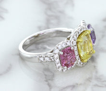 Load image into Gallery viewer, Multicolor Sapphire Ring with Diamond Halo in 18K White Gold