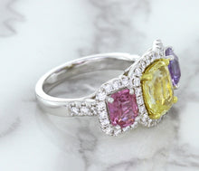 Load image into Gallery viewer, Multicolor Sapphire Ring with Diamond Halo in 18K White Gold