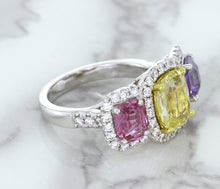 Load image into Gallery viewer, Multicolor Sapphire Ring with Diamond Halo in 18K White Gold