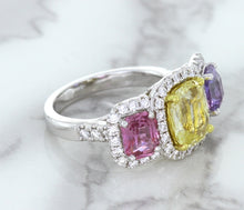Load image into Gallery viewer, Multicolor Sapphire Ring with Diamond Halo in 18K White Gold
