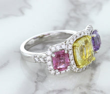 Load image into Gallery viewer, Multicolor Sapphire Ring with Diamond Halo in 18K White Gold