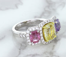 Load image into Gallery viewer, Multicolor Sapphire Ring with Diamond Halo in 18K White Gold