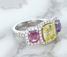 Load image into Gallery viewer, Multicolor Sapphire Ring with Diamond Halo in 18K White Gold