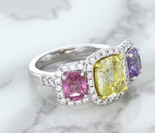 Load image into Gallery viewer, Multicolor Sapphire Ring with Diamond Halo in 18K White Gold