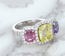 Load image into Gallery viewer, Multicolor Sapphire Ring with Diamond Halo in 18K White Gold