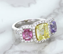 Load image into Gallery viewer, Multicolor Sapphire Ring with Diamond Halo in 18K White Gold