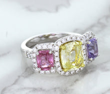 Load image into Gallery viewer, Multicolor Sapphire Ring with Diamond Halo in 18K White Gold
