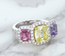 Load image into Gallery viewer, Multicolor Sapphire Ring with Diamond Halo in 18K White Gold