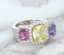 Load image into Gallery viewer, Multicolor Sapphire Ring with Diamond Halo in 18K White Gold