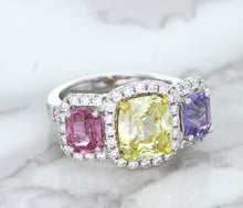 Load image into Gallery viewer, Multicolor Sapphire Ring with Diamond Halo in 18K White Gold