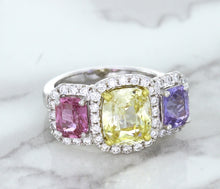 Load image into Gallery viewer, Multicolor Sapphire Ring with Diamond Halo in 18K White Gold