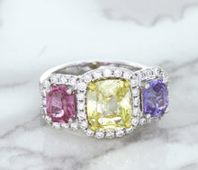 Load image into Gallery viewer, Multicolor Sapphire Ring with Diamond Halo in 18K White Gold