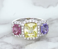 Load image into Gallery viewer, Multicolor Sapphire Ring with Diamond Halo in 18K White Gold