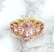 Load image into Gallery viewer, Three Stone Padparadscha Ring with Diamond Halo in 18K Rose Gold
