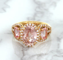 Load image into Gallery viewer, Three Stone Padparadscha Ring with Diamond Halo in 18K Rose Gold
