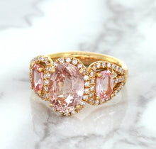 Load image into Gallery viewer, Three Stone Padparadscha Ring with Diamond Halo in 18K Rose Gold