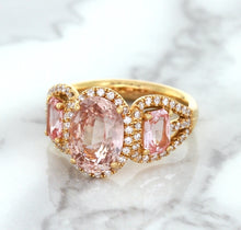 Load image into Gallery viewer, Three Stone Padparadscha Ring with Diamond Halo in 18K Rose Gold