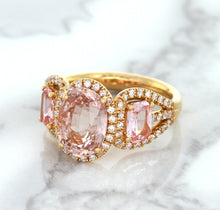 Load image into Gallery viewer, Three Stone Padparadscha Ring with Diamond Halo in 18K Rose Gold