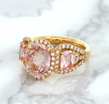 Load image into Gallery viewer, Three Stone Padparadscha Ring with Diamond Halo in 18K Rose Gold